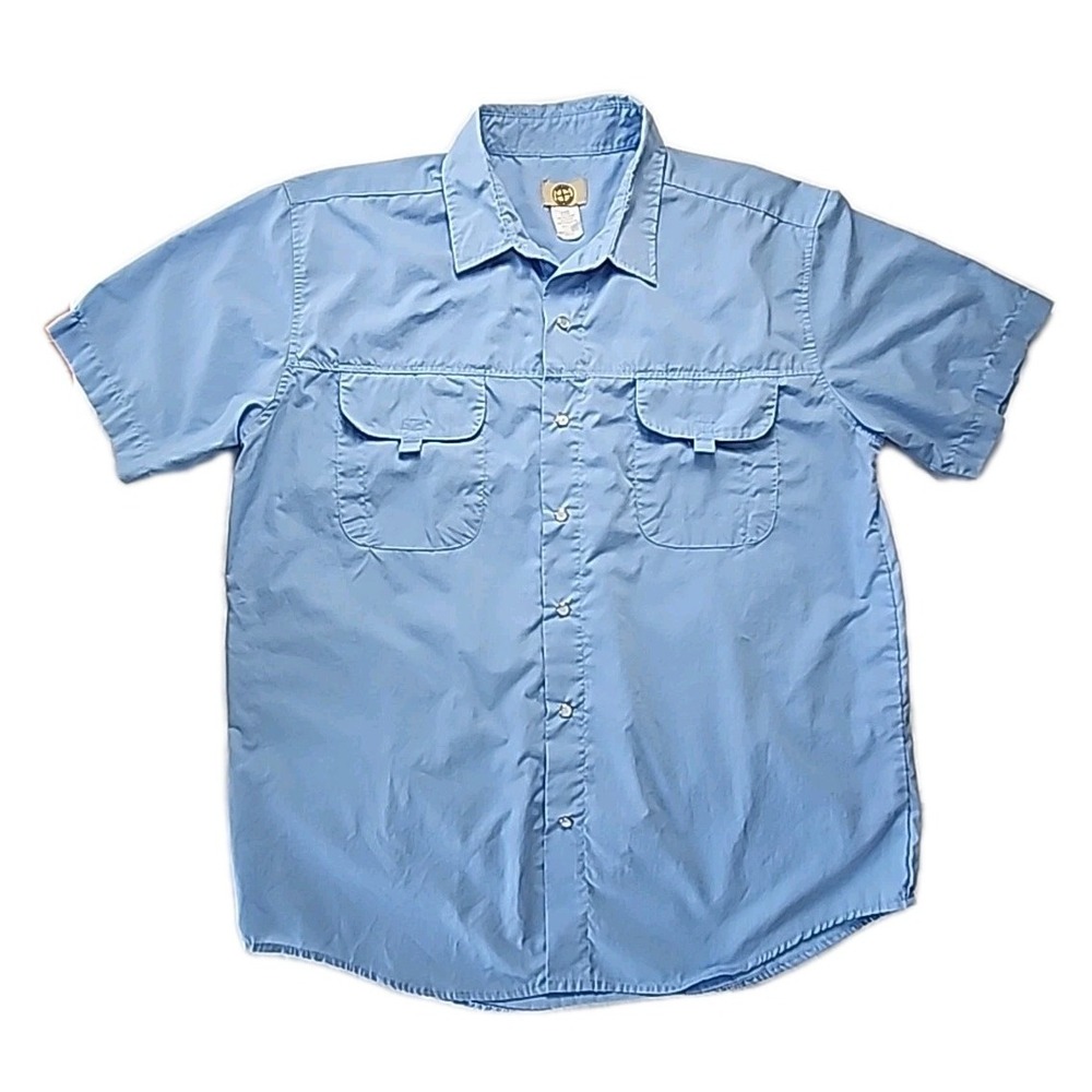 Vintage Haband Travelers Men's Large Short Sleeve Pearl Snap Sky Blue Camp Shirt